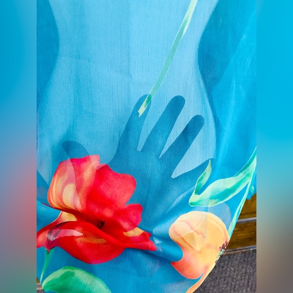 🌺 90s Bright SHEER TURQUOISE Hibiscus Floral Blouse, size Med Liz Claiborne - Picture 5 of 6